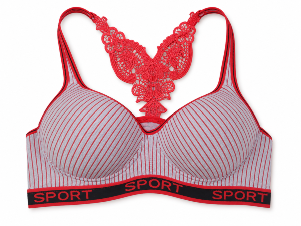 Women’s Padded Sports Bra with Lace Racerback – Red & Grey