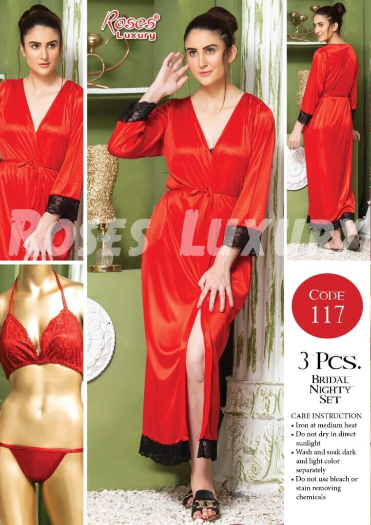 Roses Luxury 3-Piece Bridal Nightwear Set – Red | Code 117
