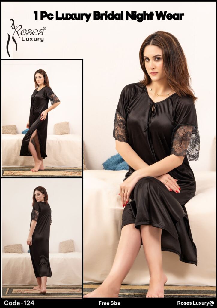 Roses Luxury 1-Piece Bridal Nightwear Gown – Navy Blue | Code 124 | Free Size